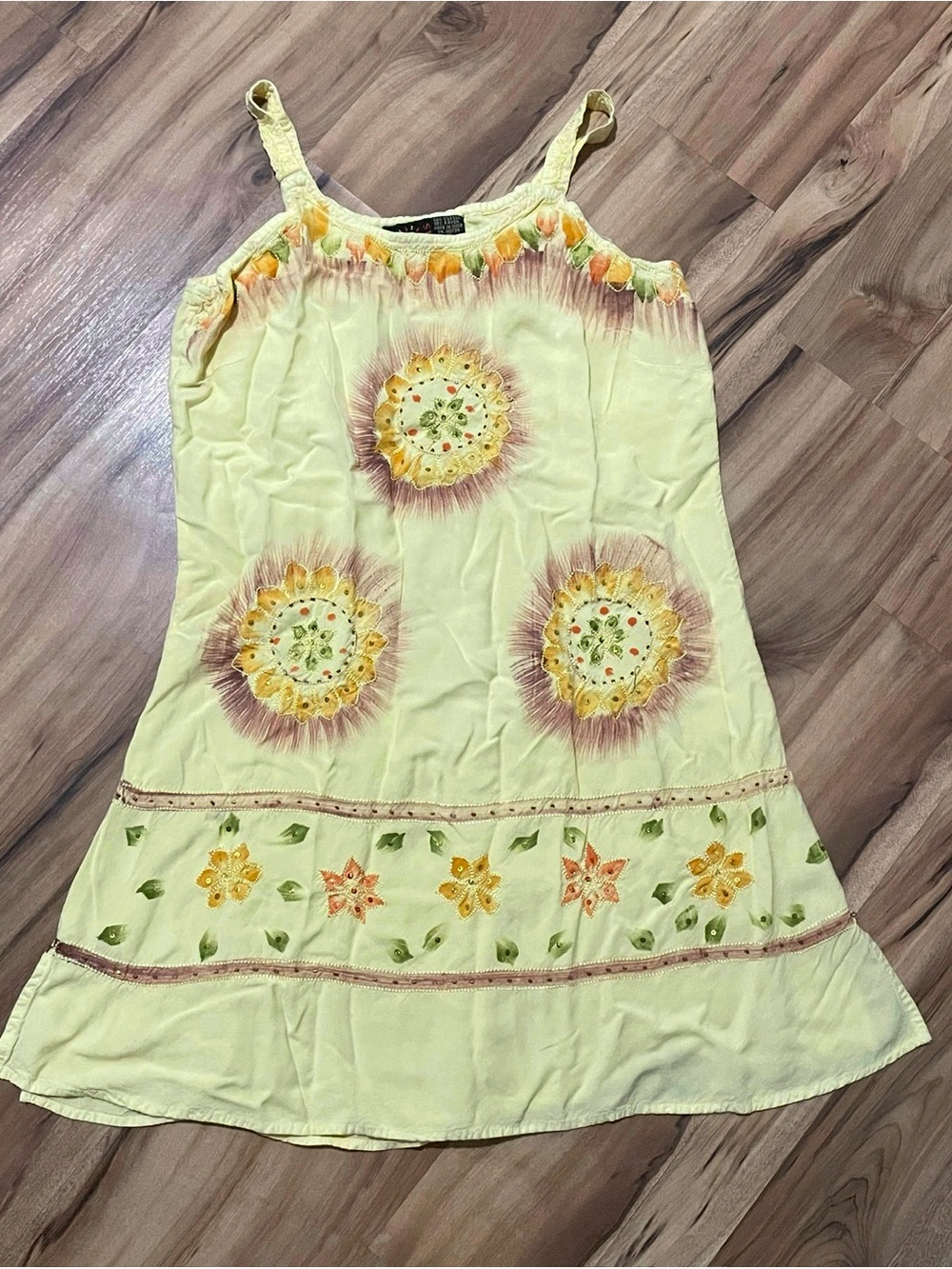 Y2K Raya Sun Yellow Floral Embroidered Boho Festival Mini Dress Sz Med